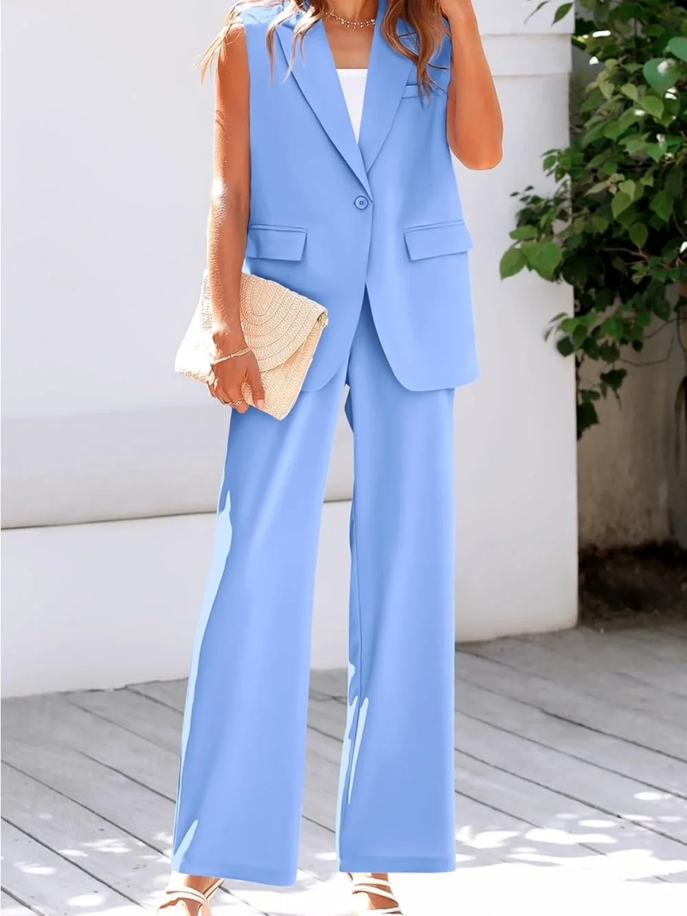 Women’s Two Piece Outfit Sleeveless Suit Vest and Wide Leg Pants Blazer Set - Picture 8 of 11